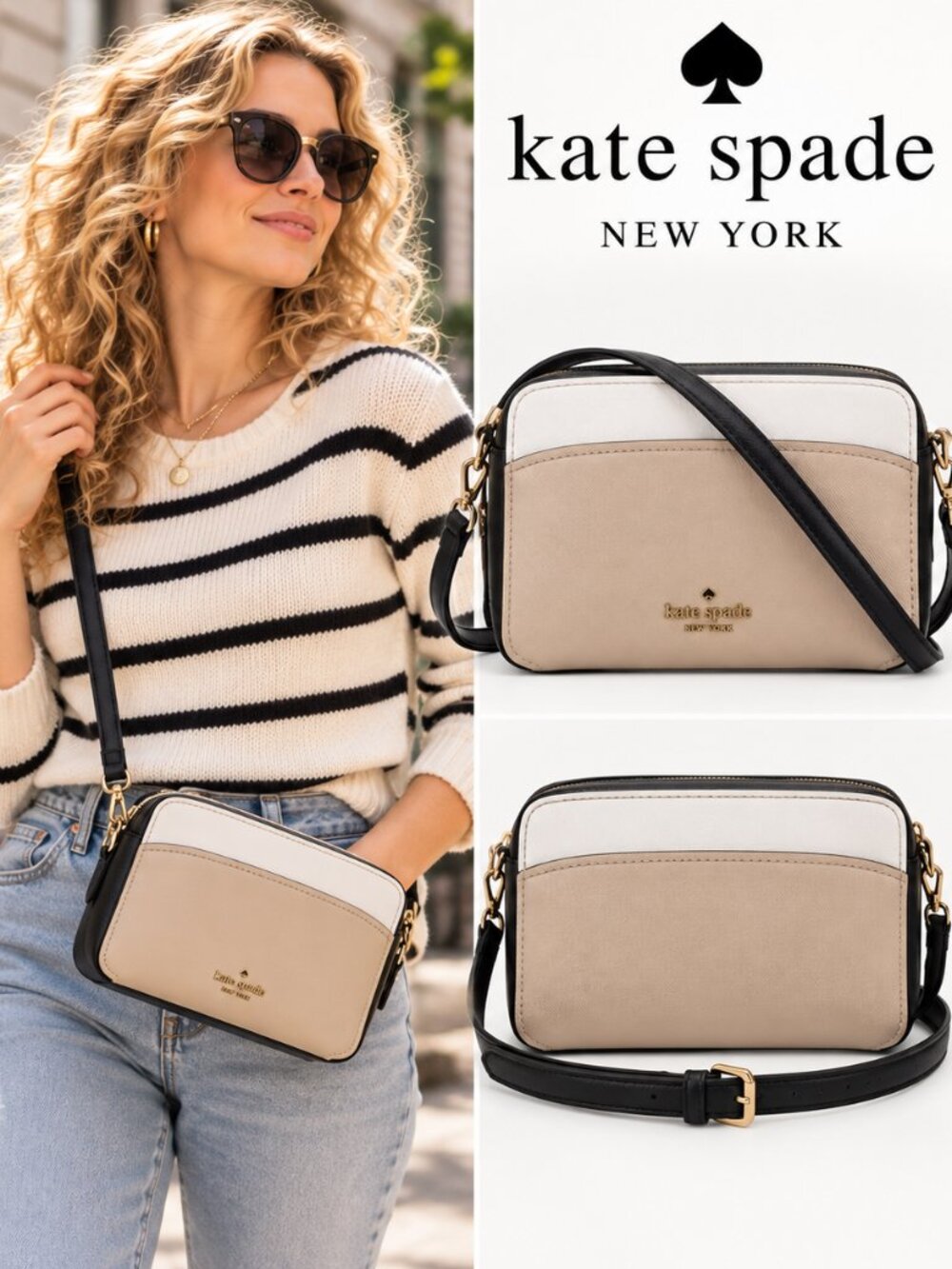 Kate Spade New York Colorblock Beige White Black Crossbody Camera Bag